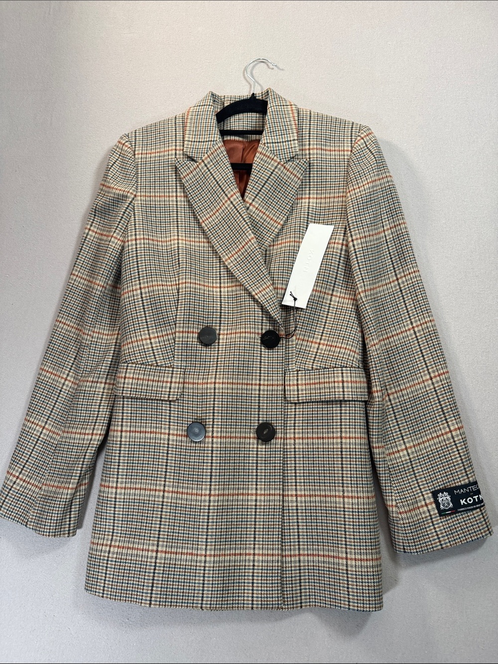 KOTN "Jesi" Double-Breasted Plaid Blazer in Beige size XS